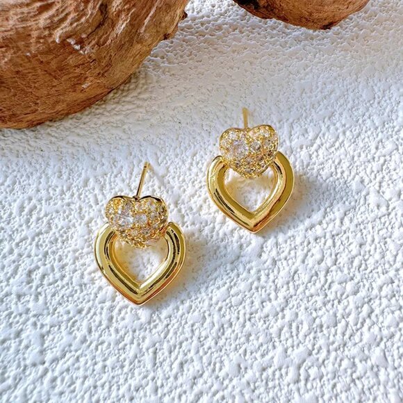 3/$35 Gold Tone Titanium Steel CZ Heart Dangle Drop Earrings Zircon Ear Studs - Picture 6 of 6